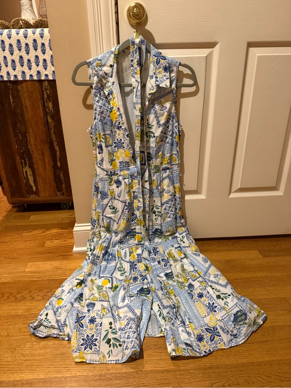J. Crew Sleeveless Printed Button-Front Dress in Blue and Yellow